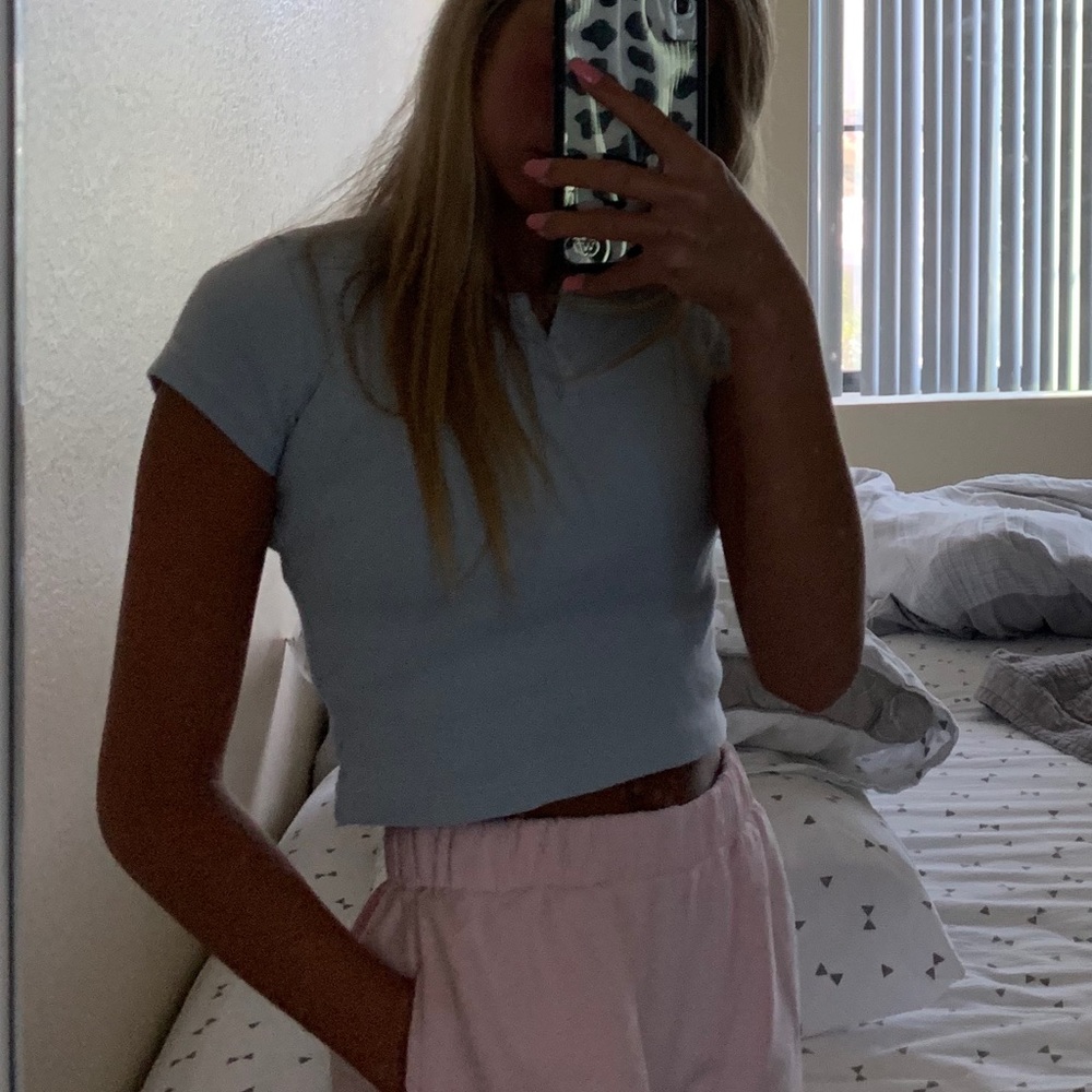 rare baby blue button brandy top